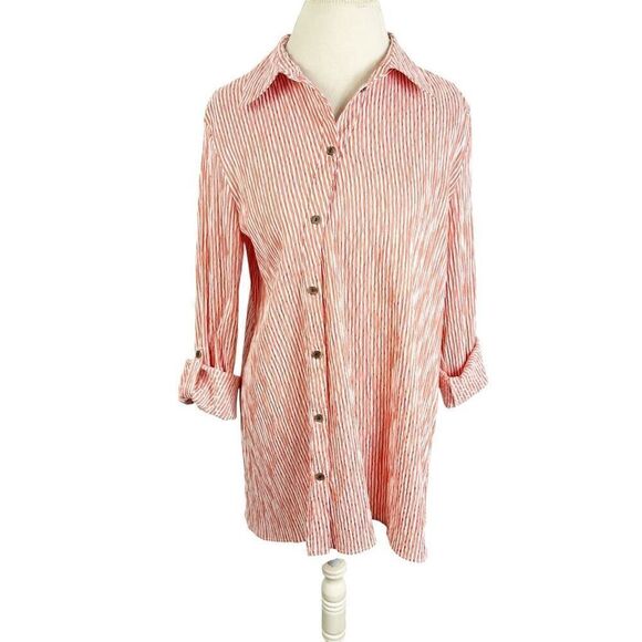 Jorli Tops - Jorli Red & White Asymmetrical Button Shirt Seersucker Lagenlook Tunic Size 16